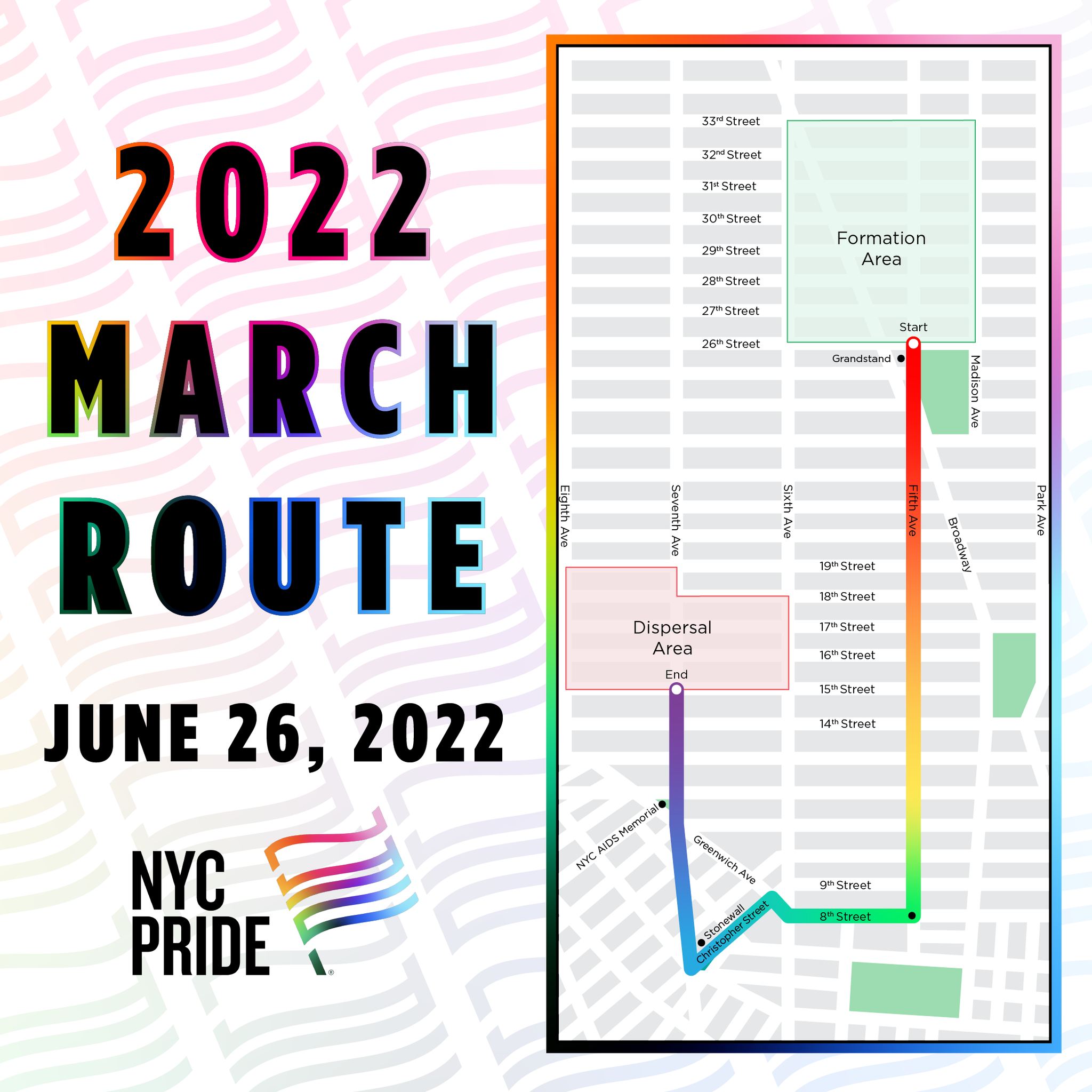 NYC PRIDE 2022 MARCH ROUTE FROM 26TH ST & FIFTH AVE TO 8TH & FIFTH, OVER TO CHRISTOPHER ST AND 7TH AVE, UP 7TH AVE TO 15TH ST & 7TH AVE